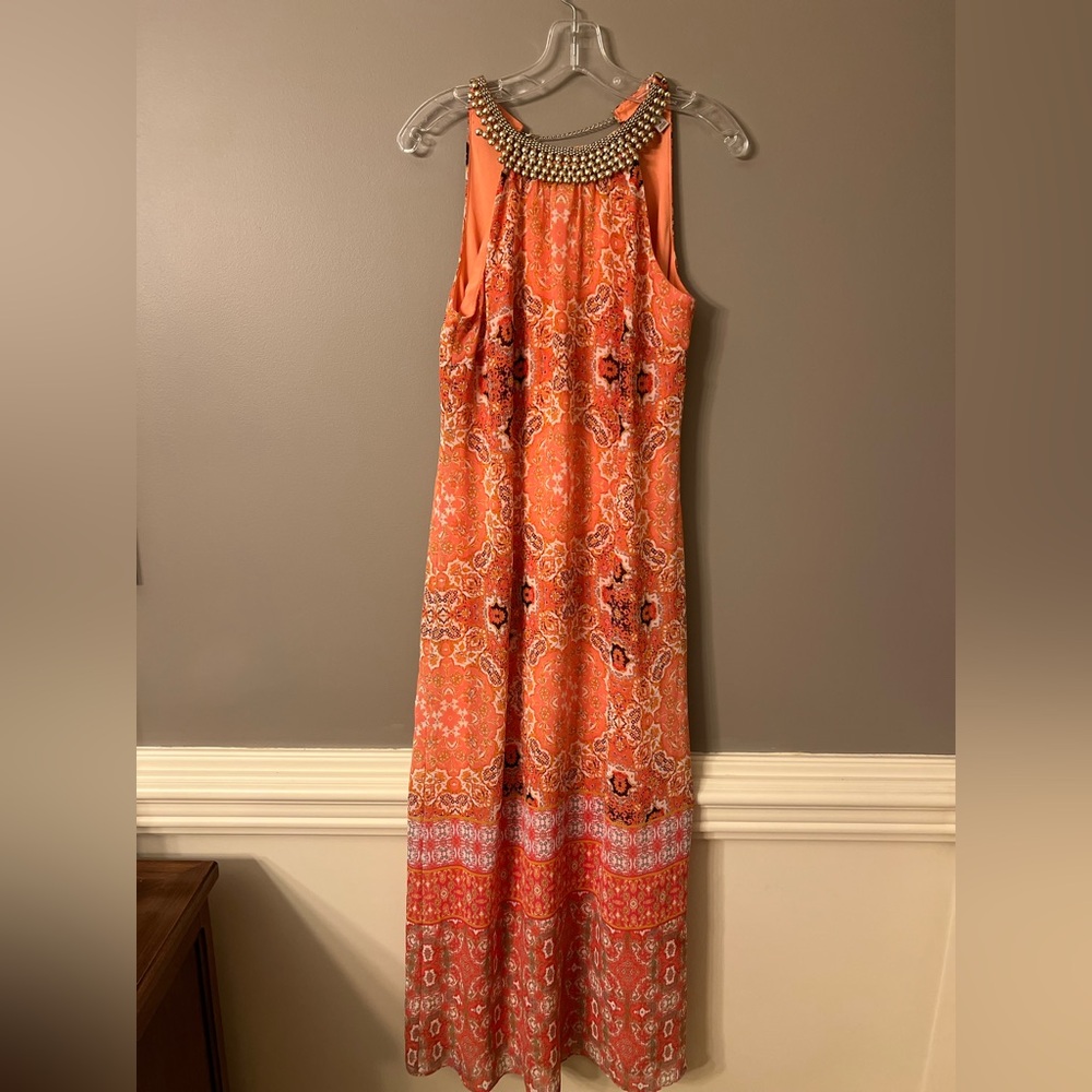 Dressbarn Beaded Halter Coral Maxi Dress Sz 8